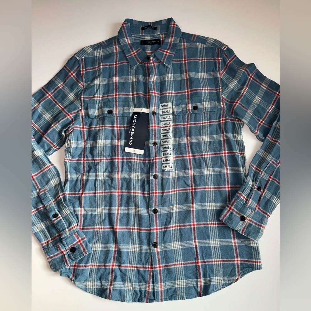 Lucky Brand Men’s Flannel S Blue Red White Plaid Long Sleeve Button Front NWT